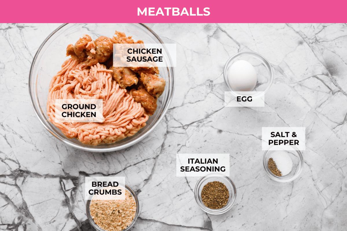 Overhead shot of labeled meatball ingredients. 