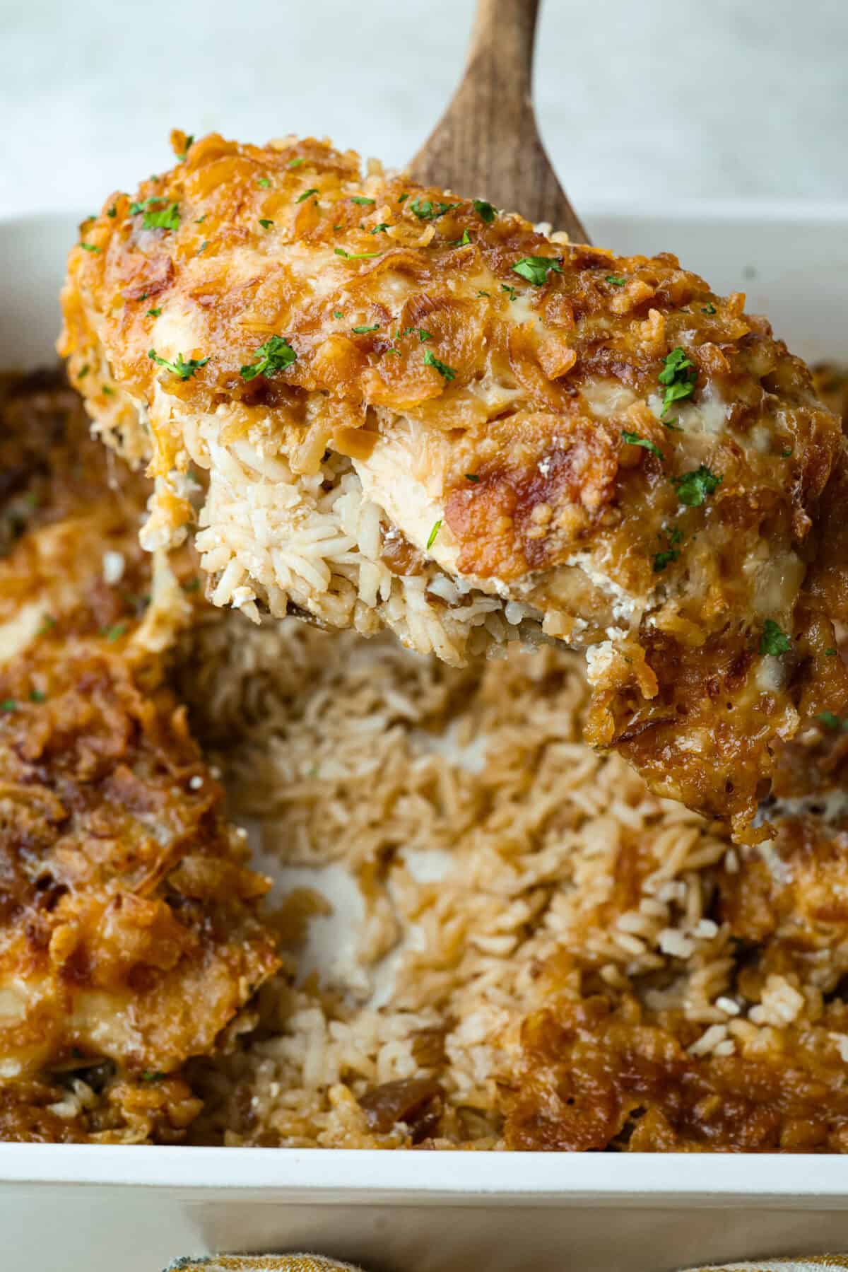 Close up of the French onion chicken and rice casserole.
