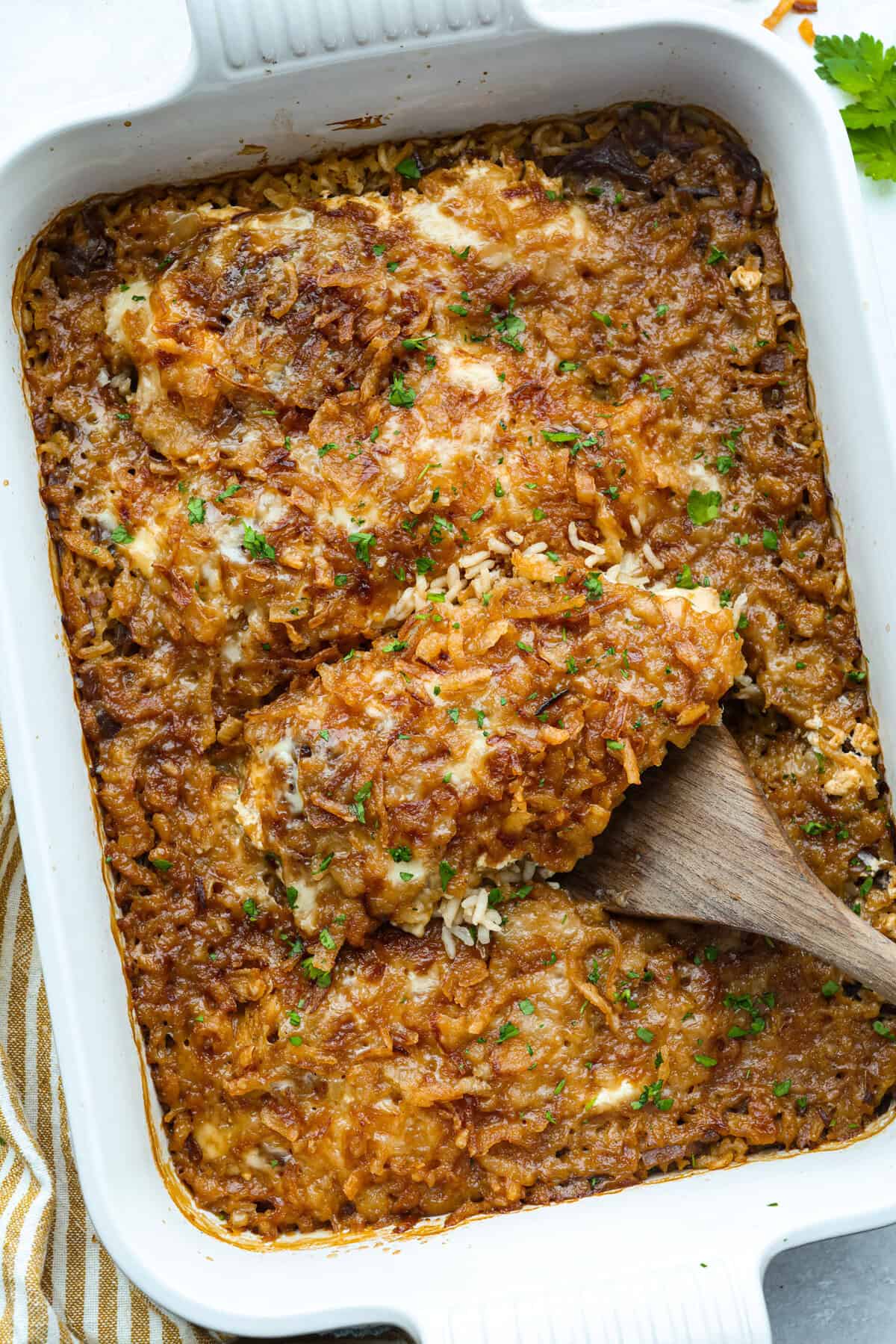 French Onion Chicken and Rice Covered Dish