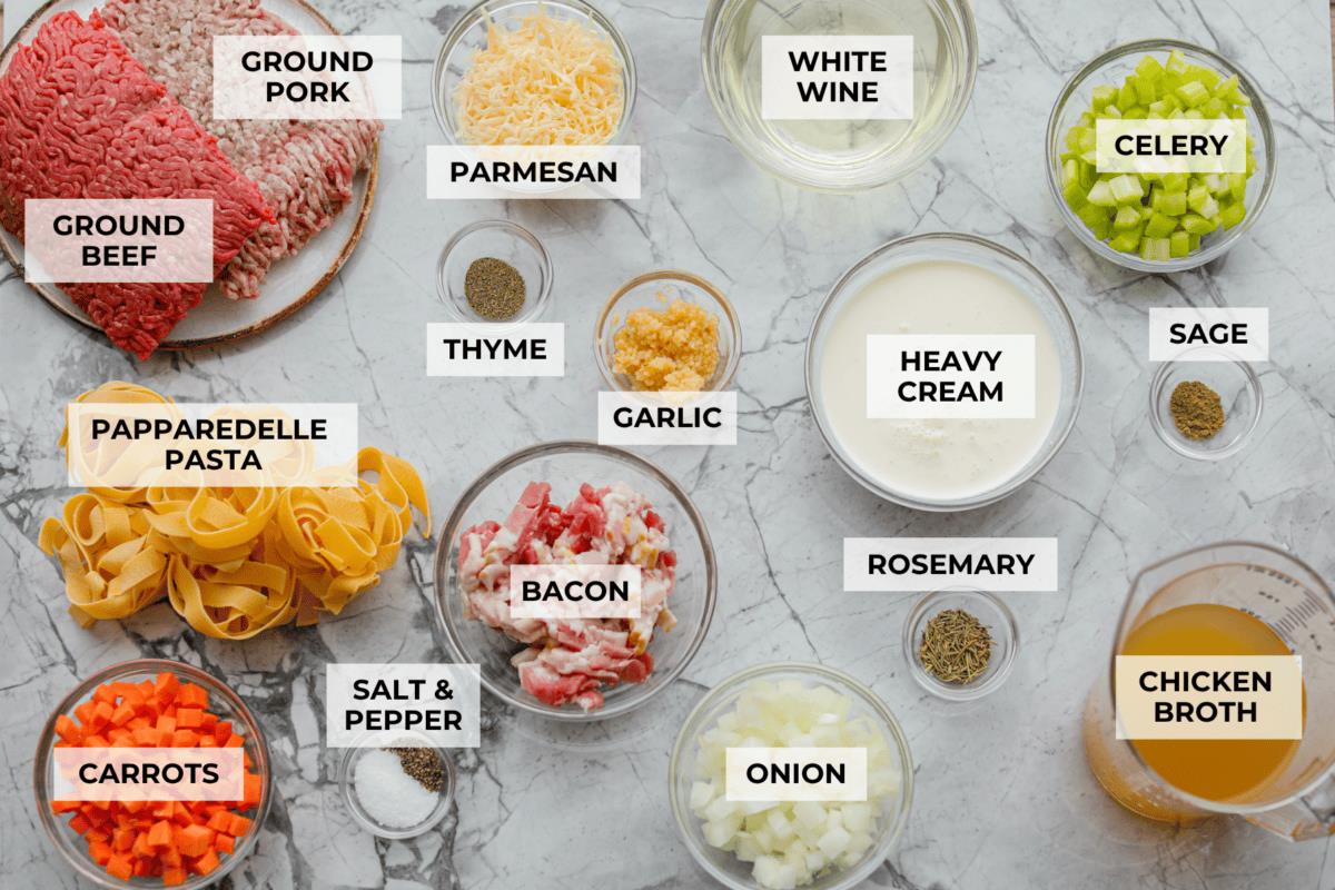 Overhead shot of labeled white bolognese ingredients. 