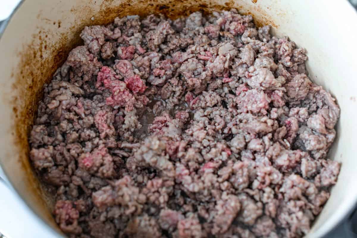 Meat browning in a pot. 