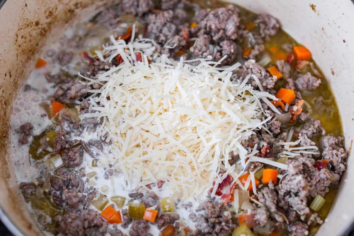 Cheese and cream added to the meat and veggie mixture. 