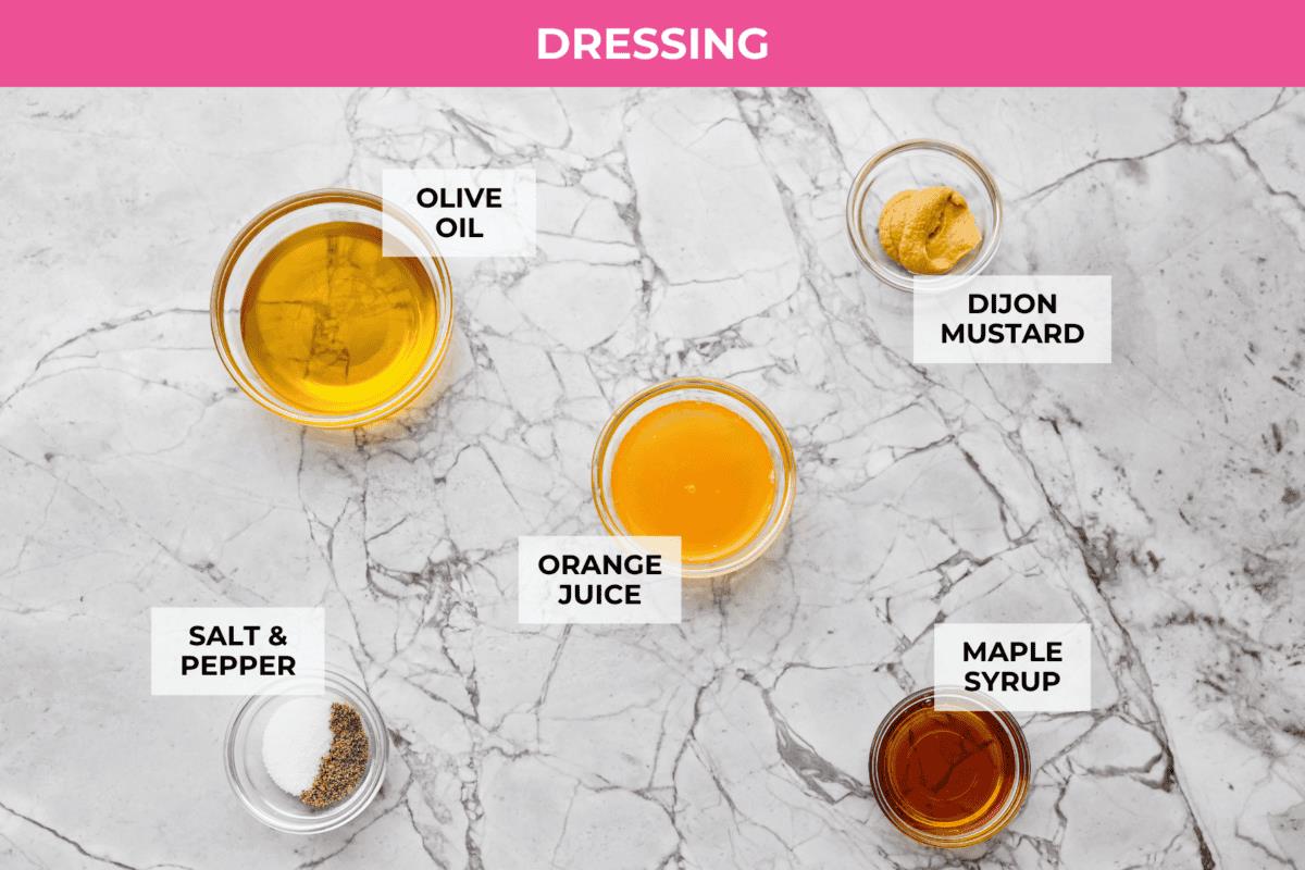 Overhead shot of labeled dressing ingredients. 