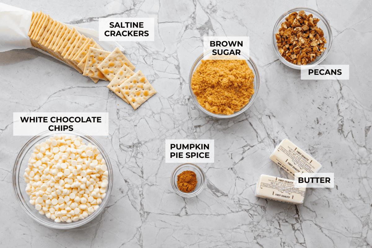 Overhead shot of labeled pumpkin pie spice ingredients.