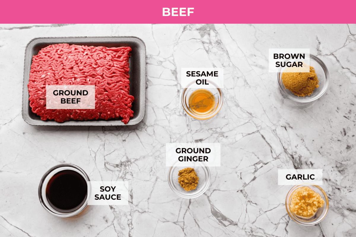Overhead shot of labeled beef ingredients. 