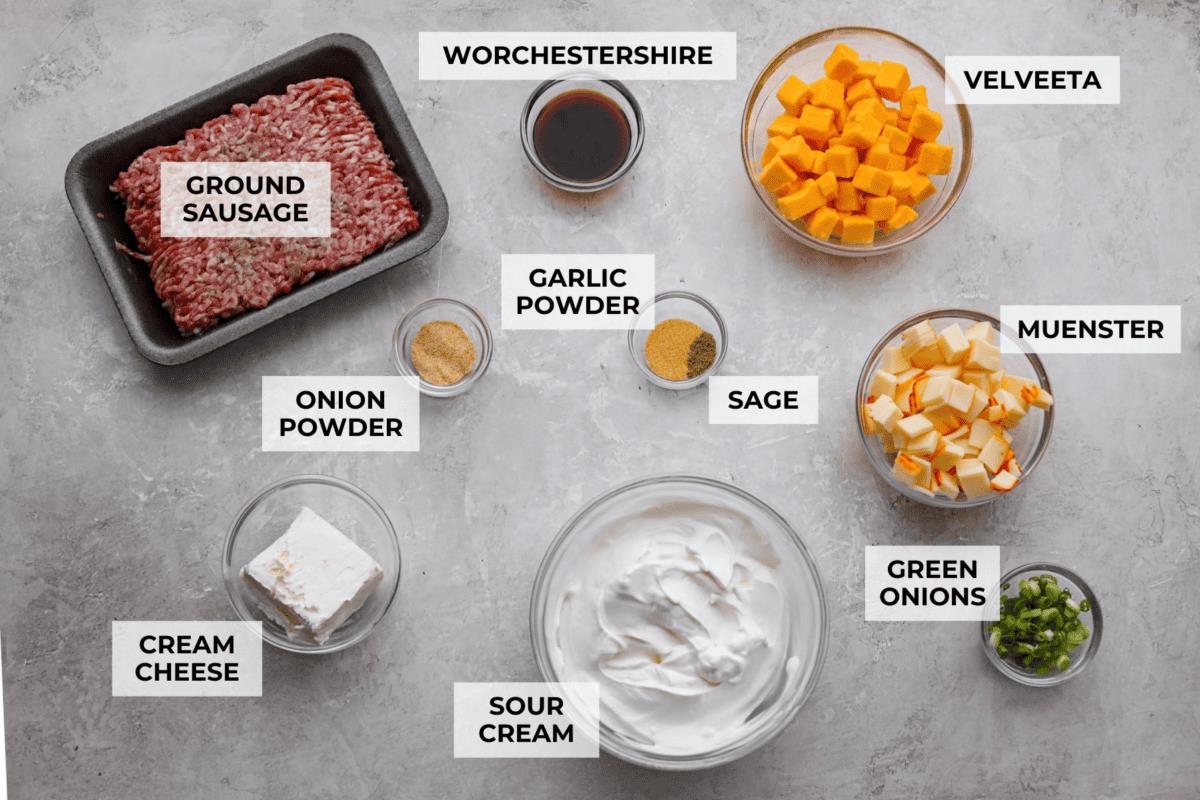 Overhead shot of labeled ingredients. 
