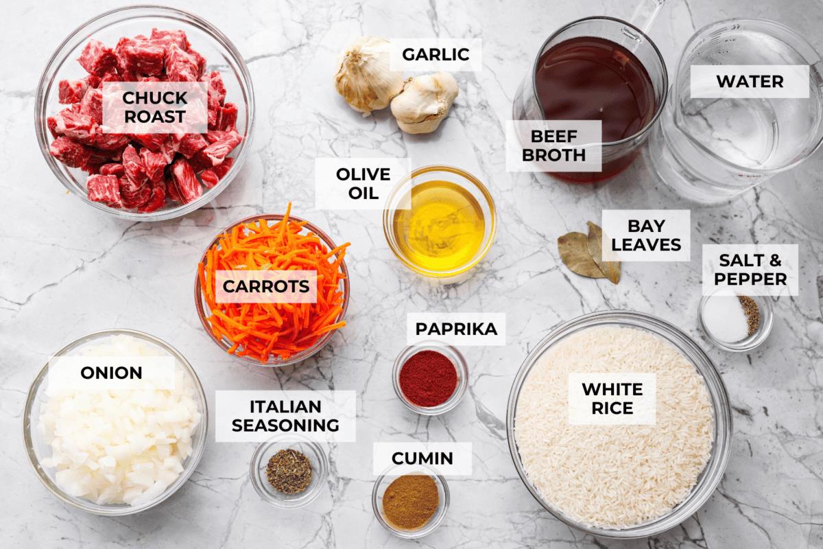 Overhead shot of labeled one pot beef and rice ingredients. 