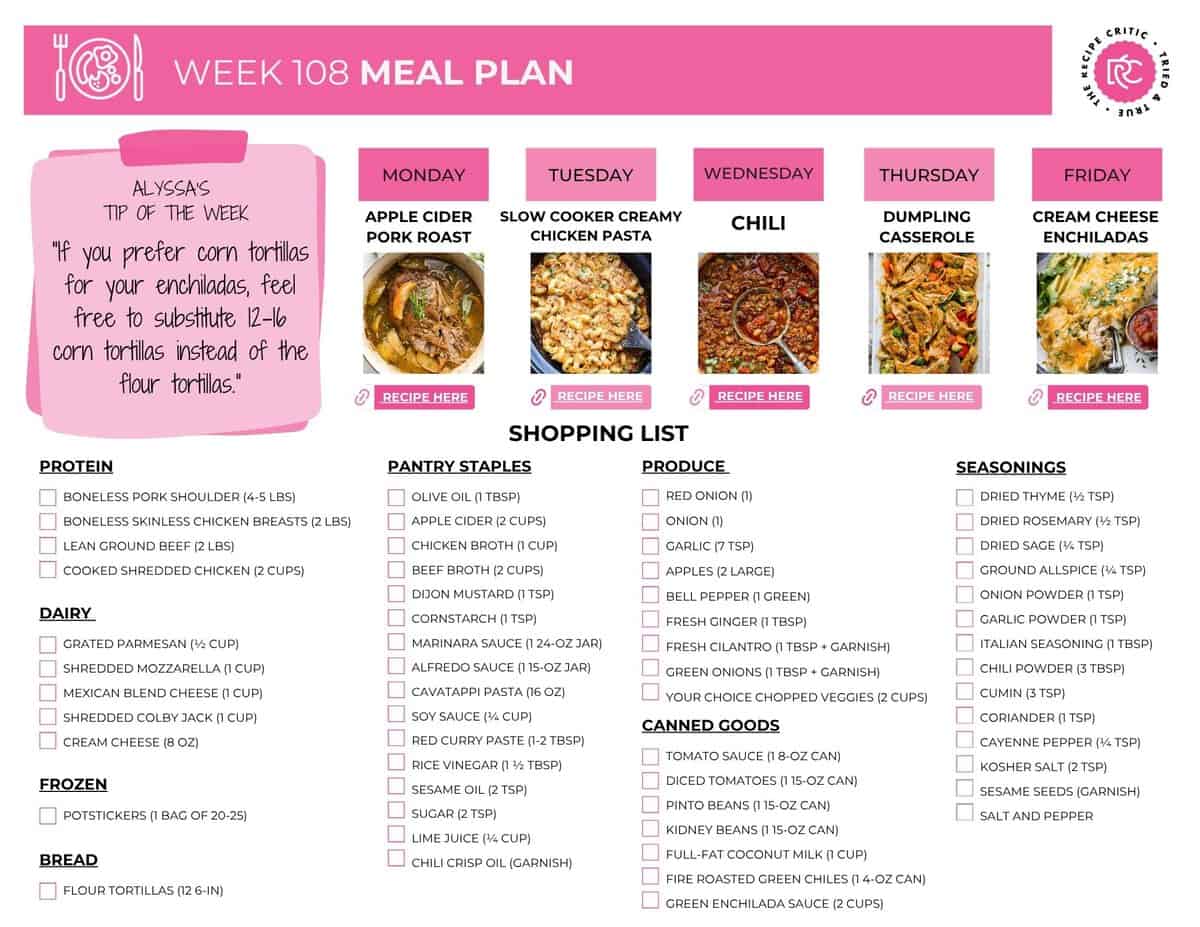 The printable shopping list of the weekly meal plan. 