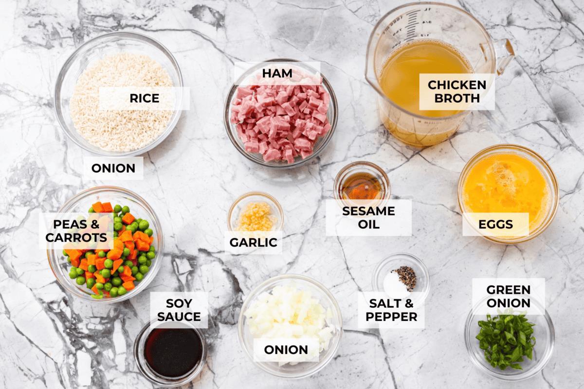 Overhead shot of labeled baked fried rice ingredients. 