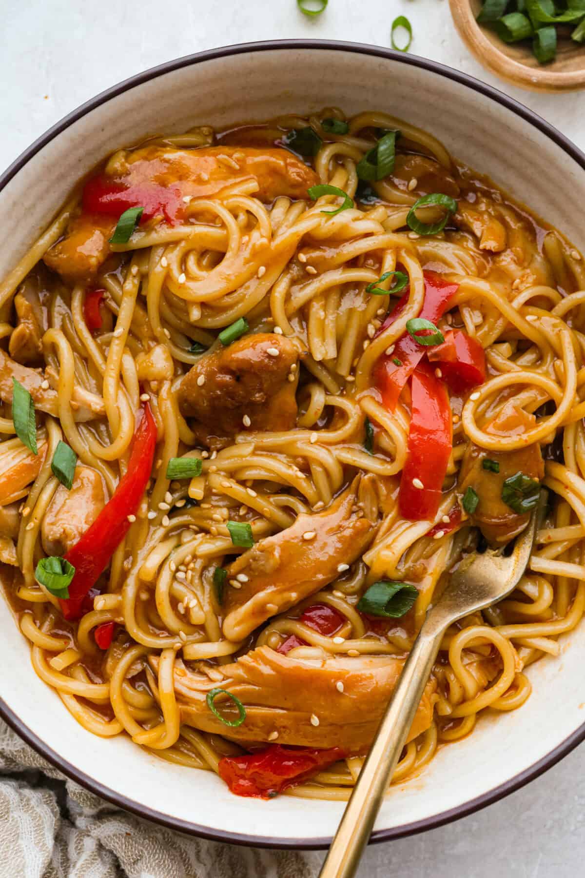 Bowl of slow cooker honey garlic chicken noodles garnished with green onions and sesame seeds. 