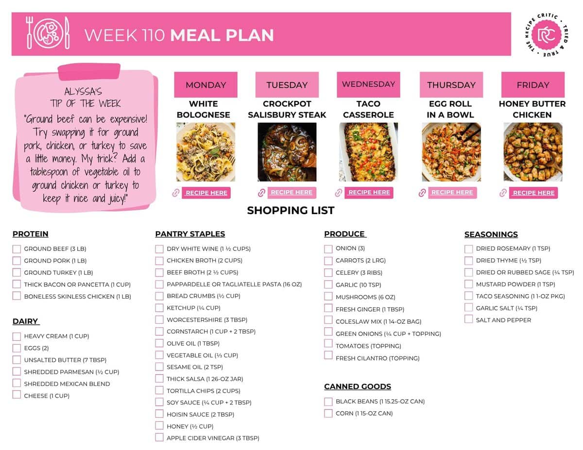 Image of the free printable shopping list for this weekly meal plan. 