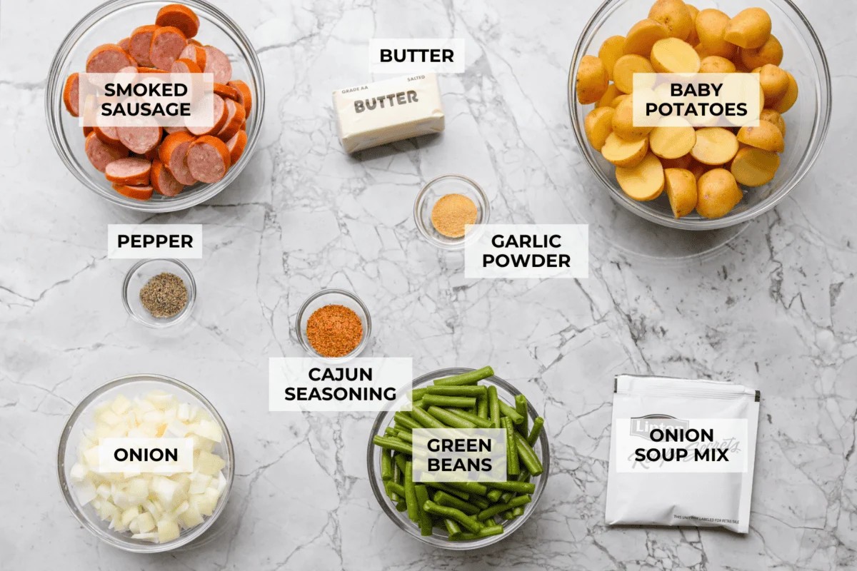 Overhead shot of labeled swamp potatoes ingredients. 