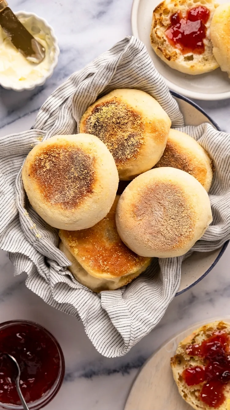 Whole english muffins in bowl with toasted English muffins on plates.