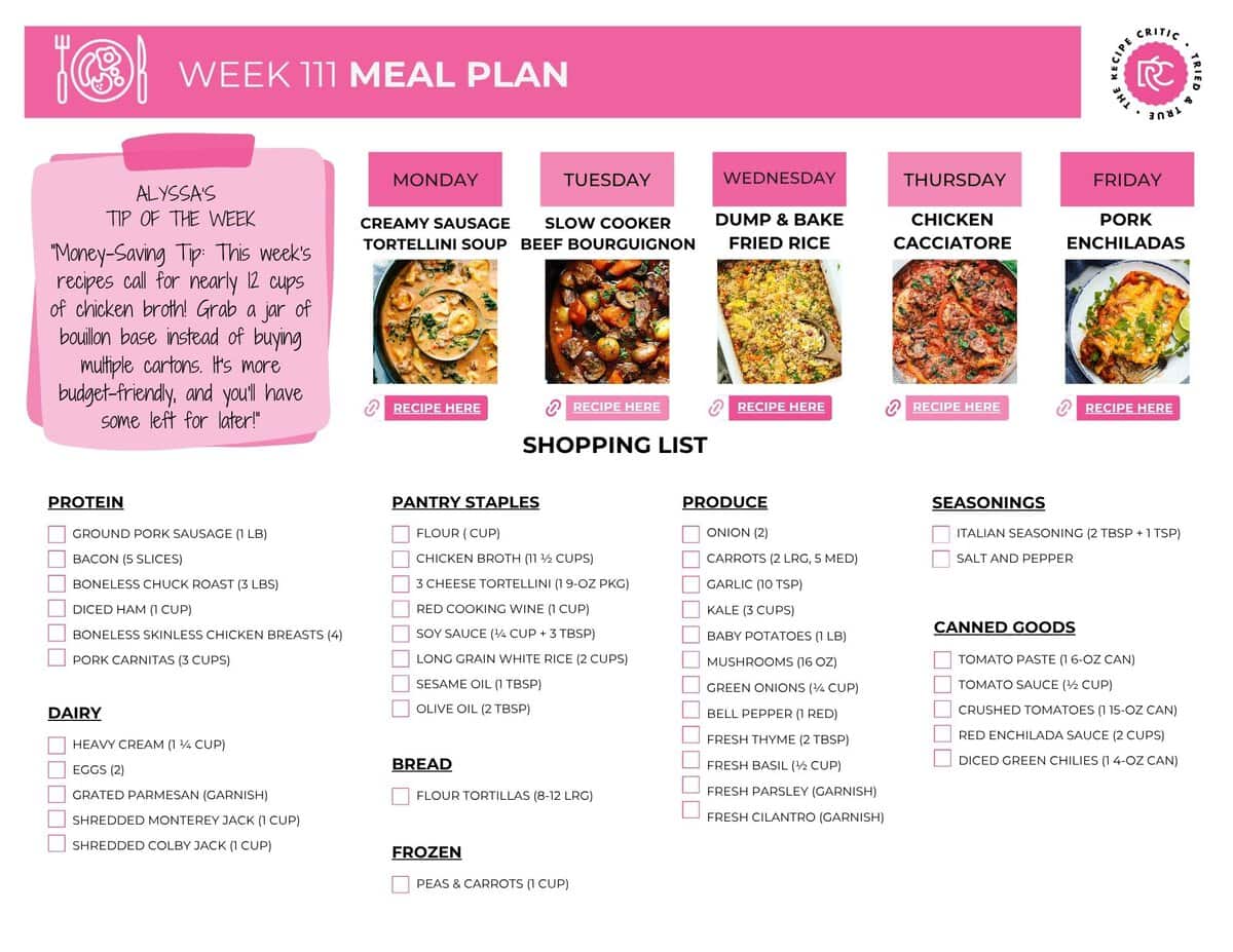Image of the free printable shopping list that is included in this week's meal plan. 